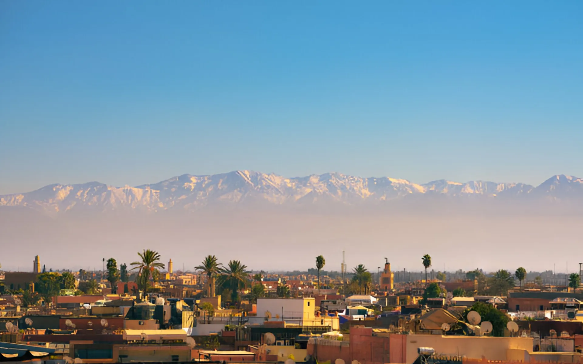 Rooftops and palm trees in city foreground with snow-capped mountains under clear sky.
